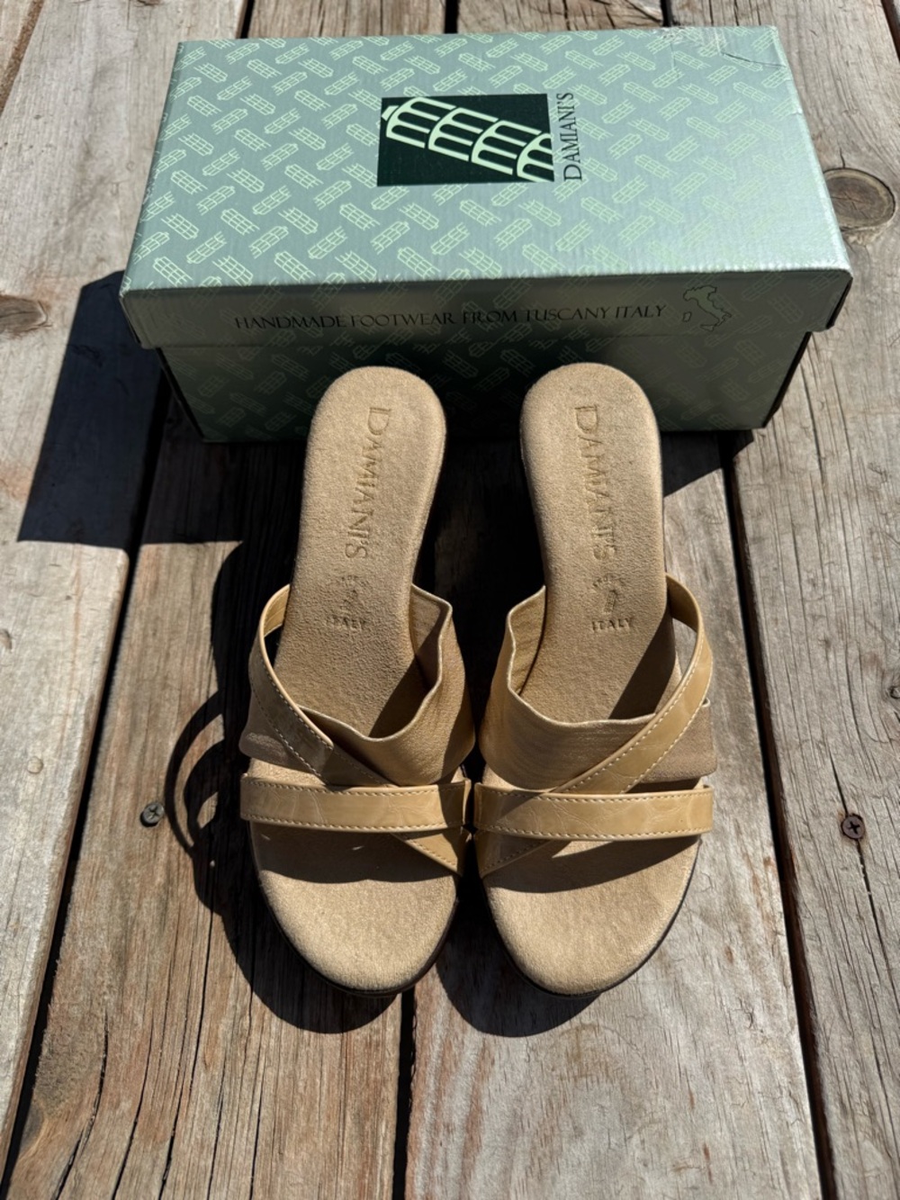 Damiani’s tan wedge sandals handmade in Italy size 7